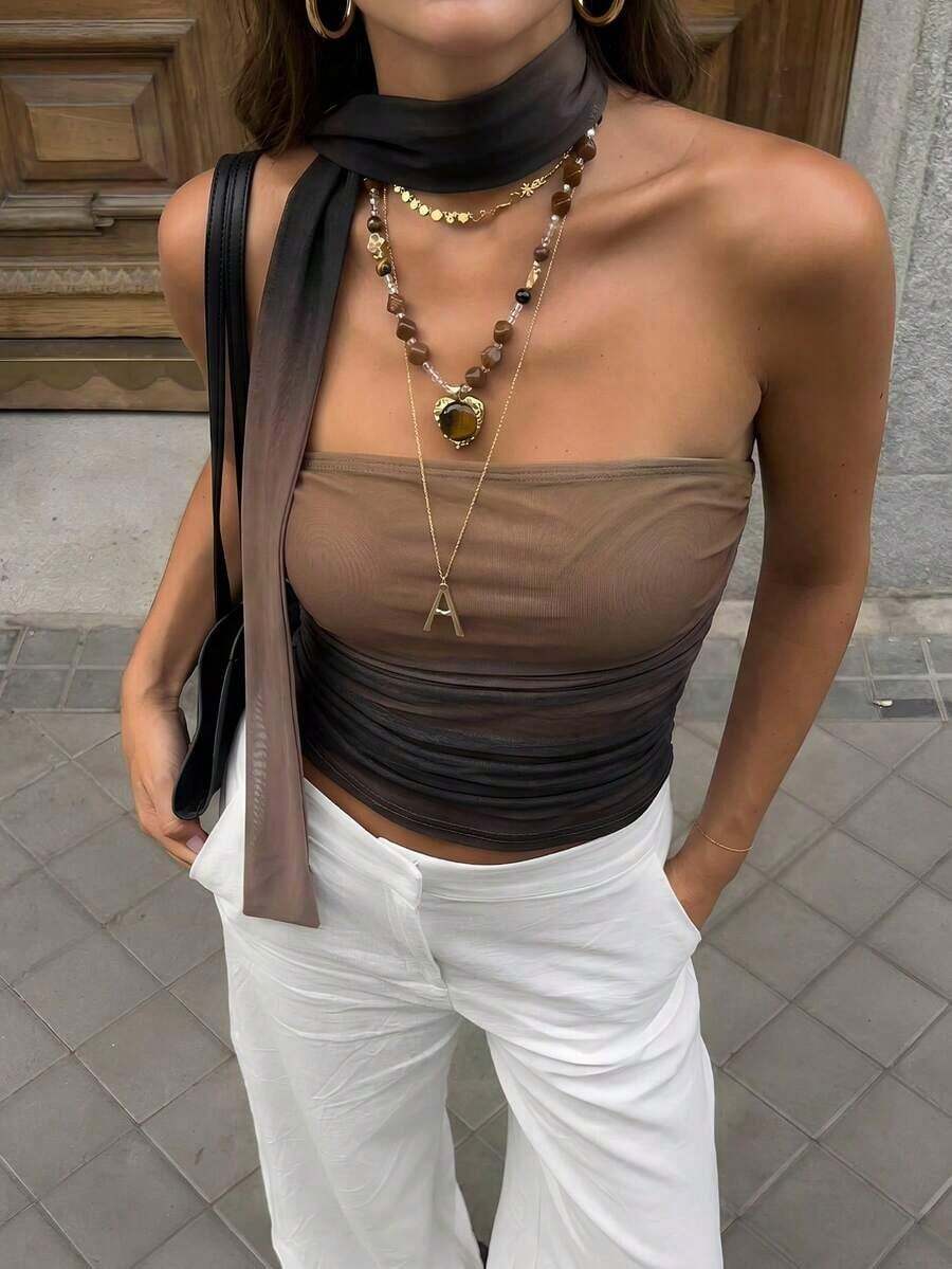 Top corto bandeaux con cuello de lazo y plisado con estampado de leopardo elegante de verano para mujer, para uso casual y festivales de música - Camel - Ver 1