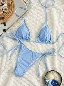 Bikini de mujer de unicolor con escote halter y lazos, estilo sexy, minimalista y elegante para playa, vacaciones, viajes y fiestas, nueva colección primavera/verano - Brotes amarillos azul cielo - Ver 2