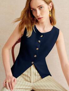 Knit Blouse – Round Neck, Front Buttons – Elegant And Minimalist Design – Perfect For Everyday Wear - 海軍藍 - 查看 6