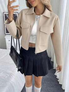 Women's Solid Color Long Sleeve Short Jacket With Utility Pockets, Spring And Autumn Clothing For Women - Apricot - View 4
