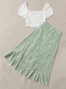 Conjunto de top cropped blanco y falda envolvente con estampado floral de margaritas para mujer durante las vacaciones y la primavera - Multicolor - Ver 2