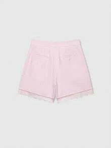 Quần short nữ mùa hè phối ren tương phản, kiểu dáng xếp ly, màu hồng. - Hồng - Xem 2