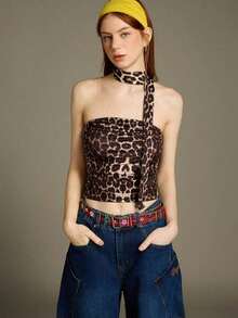 Top bandeau fruncido con estampado de leopardo y bufanda para mujer - Multicolor 2 - Ver 1