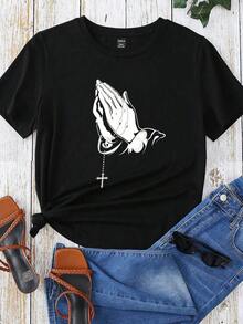 Camiseta suelta de manga corta con cuello redondo y estampado de cruz en estilo casual simple, apropiada para el verano - Negro - Ver 2