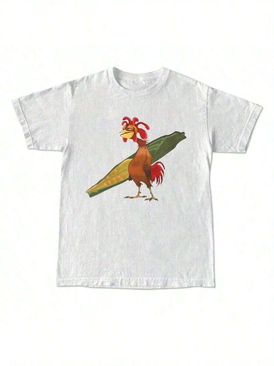 Chicken Joe Graphic T-Shirt - Unisex, Casual Crew Neck, Rooster And Corn Design, Black, Perfect For Men, Women And Friends, Comfortable Fit For All Seasons - 白色 - 查看 1