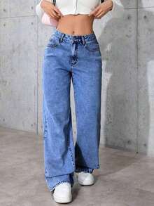 Jeans informales de pierna ancha con bolsillos para adolescentes - Azul lavado oscuro - Ver 4