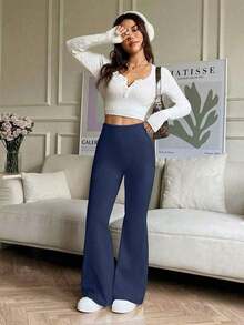 Pantalones acampanados de cintura alta elástica, pantalones de yoga deportivos, leggings ajustados de compresión, pantalones para correr y fitness, pantalones de ropa deportiva para mujer, transpirables y de secado rápido, para primavera/verano - Azul - Ver 3