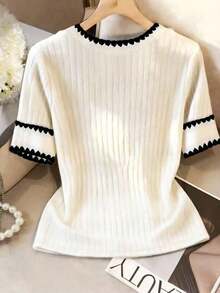 Camiseta de manga corta de cuello redondo con ribete de contraste para uso casual diario de mujer - Blanco - Ver 2