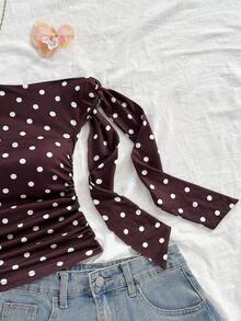 2 piezas Blusa casual de mujer con hombros fruncidos y nudo retorcido, versátil para citas y salidas - Café integral - Ver 4