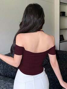 Camiseta de manga corta ajustada con cuello halter para mujeres para ir de fiesta, Tops cortos de verano para mujeres - Burdeos - Ver 2