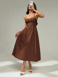 Vestido de verano elegante y estiloso de unicolor con tirantes de espagueti - Marrón - Ver 2