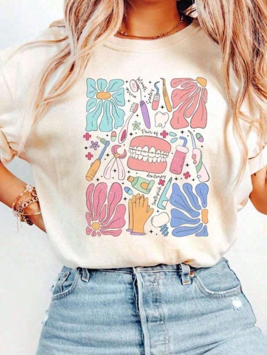 1 pieza de camisa de dentista con diseño floral boho, regalo para dentista, asistente dental, regalo para higienista dental. |     Regalo para Estudiantes de Odontología, Camiseta Clásica de Manga Corta de Algodón Grueso 100% Algodón, Talla Grande, con Estampado Gráfico, Camiseta Casual de Manga Corta para Mujer, 210g, 100% Algodón, los diseños están impresos. Unisexo. - blanco - Ver 1