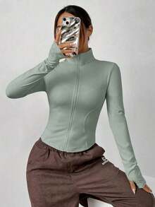 Chaqueta de manga larga de punto ajustada con protección solar para mujer en otoño/invierno, color albaricoque - verde menta - Ver 4