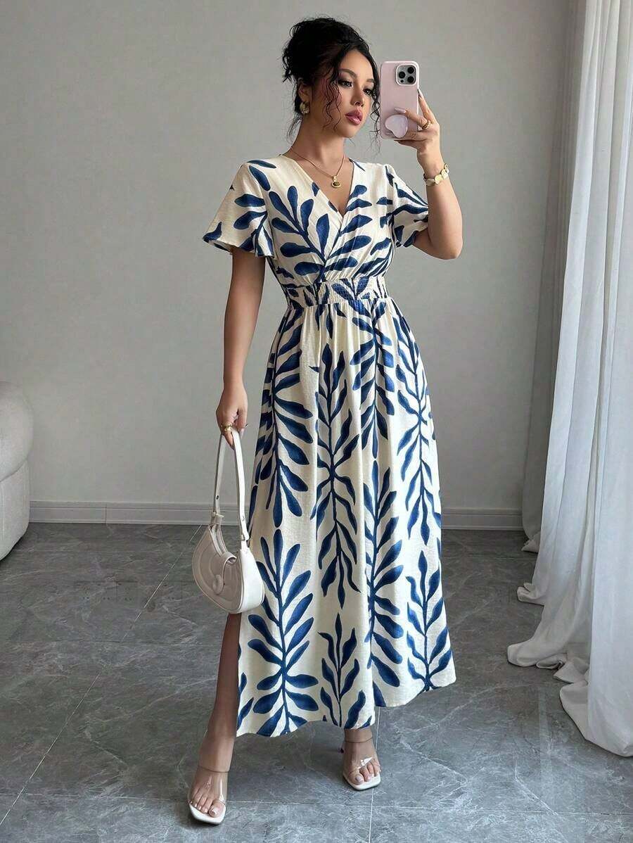 Vestido con mangas abullonadas, cintura anudable y bajo ajustable con abertura, hecho de gasa francesa, elegante, apropiado para vacaciones, fiestas de té de la tarde o playa - Azul y blanco - Ver 1