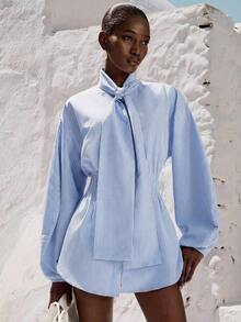 Camisa azul cielo de estilo francés elegante, holgada, con mangas cortas acampanadas, lazo delantero y pliegues, adecuada para el trayecto al trabajo y citas en primavera/verano - Celeste - Ver 6