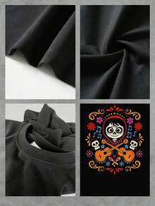 Colorful Illustration Celebrating The Day Of The Dead With Smiling Skulls, Guitars, Flowers, And Musical Notes Symbolizing Joy And Eternal Remembrance. Comfortable Casual Women's T-Shirt - 黑色 - 查看 4