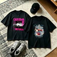 2-Piece Couple Matching Pattern T-Shirt, 100% Cotton, Loose Fit, Soft And Breathable, Casual Round Neck Short Sleeved Top California Car Print Surfboard Wave Beach Scene Design Versatile Patterns No Picky Combinations Coordinated Dating Casual Travel Simple And Cartoonish Printing - 黑色 - 查看 1