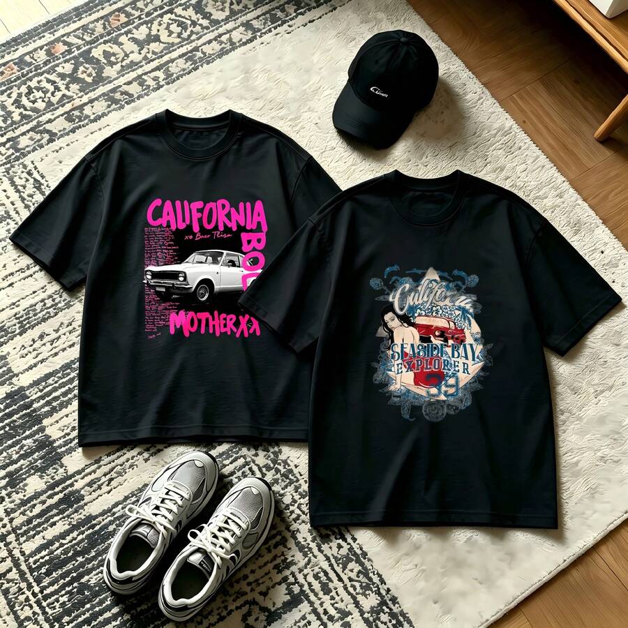 2-Piece Couple Matching Pattern T-Shirt, 100% Cotton, Loose Fit, Soft And Breathable, Casual Round Neck Short Sleeved Top California Car Print Surfboard Wave Beach Scene Design Versatile Patterns No Picky Combinations Coordinated Dating Casual Travel Simple And Cartoonish Printing - 黑色 - 查看 1