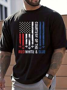 Compatible With Men's Clothing Patriotic American Flag Print T-Shirt - 100% Cotton Super Soft Breathable Moisture Wicking Regular Fit Crew Neck Short Sleeve For Gym Running Camping All Season Casual Wear, Perfect 4th Of July Memorial Day Gift, American Flag T-Shirt Holiday Clothing Set Graphic Tee, Comfortable Lightweight Fit Top, Holiday Shoppers - 黑色 - 查看 1