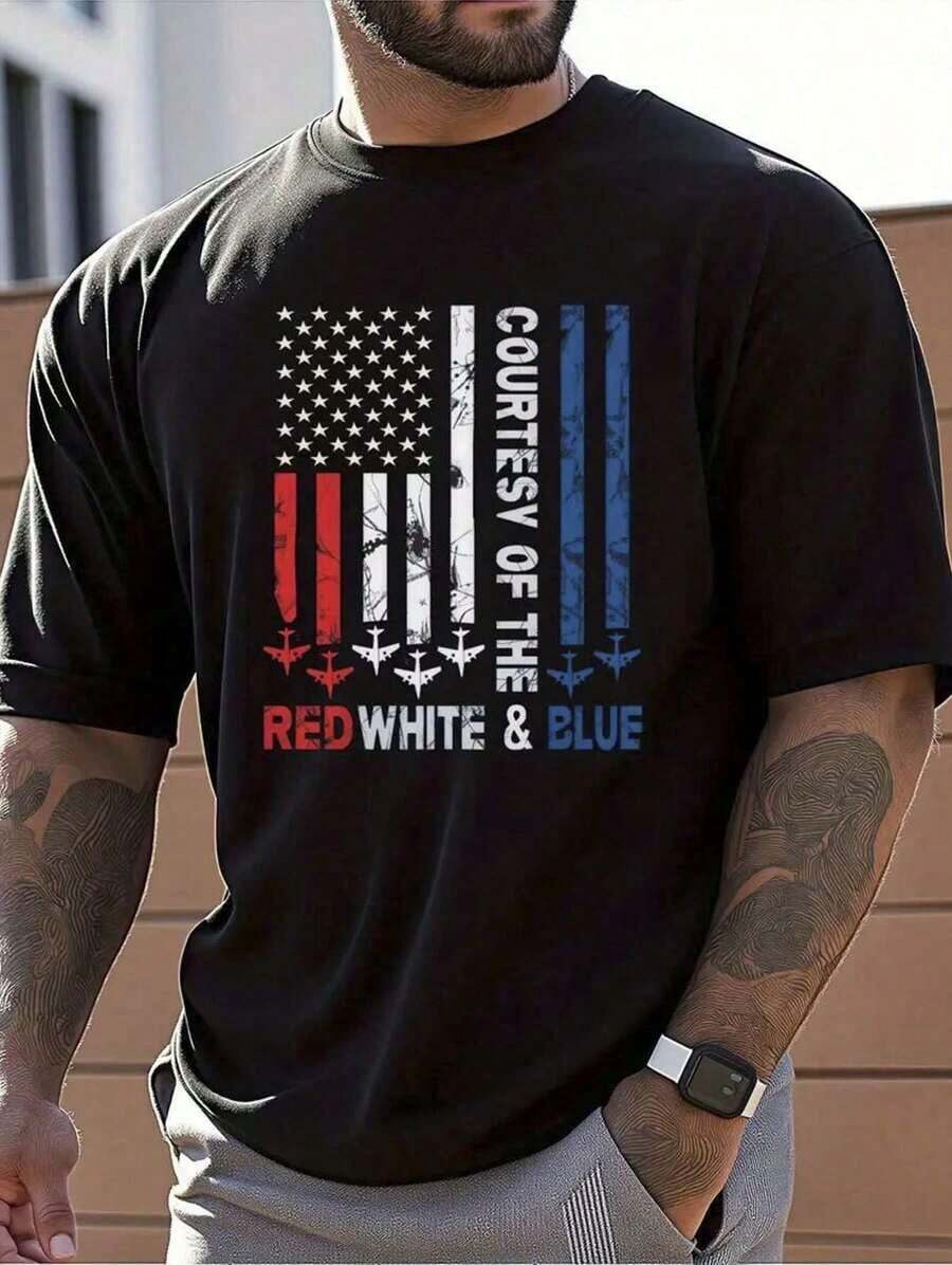 Compatible With Men's Clothing Patriotic American Flag Print T-Shirt - 100% Cotton Super Soft Breathable Moisture Wicking Regular Fit Crew Neck Short Sleeve For Gym Running Camping All Season Casual Wear, Perfect 4th Of July Memorial Day Gift, American Flag T-Shirt Holiday Clothing Set Graphic Tee, Comfortable Lightweight Fit Top, Holiday Shoppers - 黑色 - 查看 1