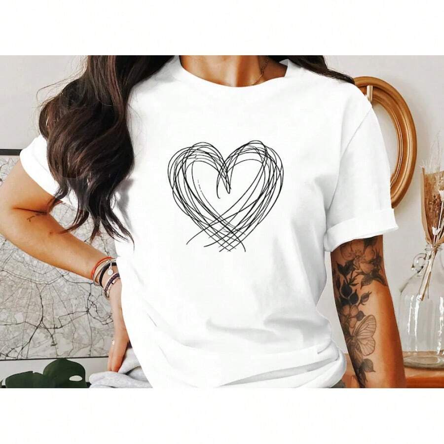 Camiseta Minimalista con Gráfico de Corazón: Arte en Boceto Blanco y Negro - alta calidad - Blanco - Ver 1