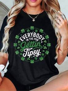 Talla Grande - Talla Grande - Camiseta Drtida de San Patricio para Mujer de Talla Grande | Estampado de Trébol con Todo el Mundo en el Pub Bebiendo, 100% Suave y Transpirable, Manga Corta, Cuello Redondo, Top Casual parrimavera Verano, Lavable a Máquina, Cuello Redondo - Negro - Ver 2