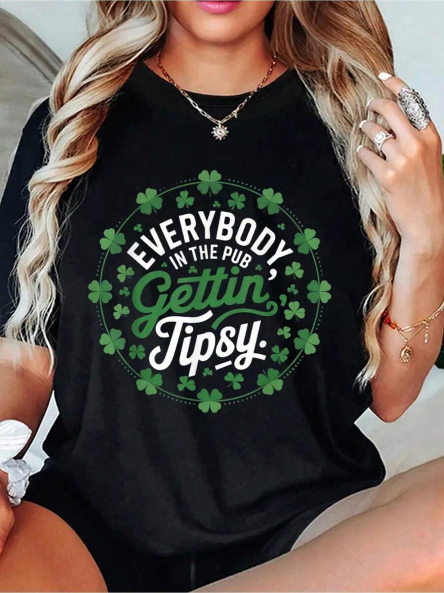 Talla Grande - Talla Grande - Camiseta Drtida de San Patricio para Mujer de Talla Grande | Estampado de Trébol con Todo el Mundo en el Pub Bebiendo, 100% Suave y Transpirable, Manga Corta, Cuello Redondo, Top Casual parrimavera Verano, Lavable a Máquina, Cuello Redondo