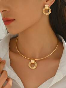 2pcs/Set Middle Eastern Elegant Necklace + Earrings Jewelry Set, Fashionable Metallic Geometric Design With Multiple Circular Pendants, Flat Snake Chain Necklace, Suitable For Daily, Party And Holiday Occasions - Collar - View 2
