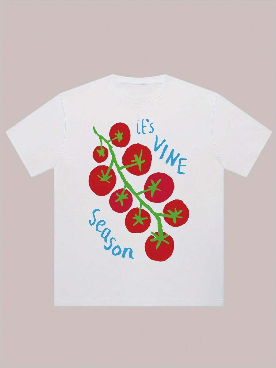 Playera Blanca Tallas Grandes para Mujer, Estampado de Jitomates con Texto "It's Vine Season", Cuello Redondo, Manga Corta, Corte Casual, Algodón Suave, Ideal para Uso Diario y Verano - Blanco - Ver 1