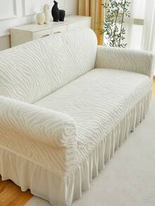 1pc Plush Jacquard Ruffled Elastic Sofa Cover, Dust-Proof And Dirt-Resistant, Stretch-To-Fit Full Coverage Sofa Protector, Home Decor, Machine Washable, Pillow Cover Not Included - White - View 2