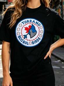 Camiseta de manga corta holgada y versátil para mujer, estilo deportivo, con estampado de dibujos animados de béisbol Bluebird, novedad de verano. - Negro - Ver 11