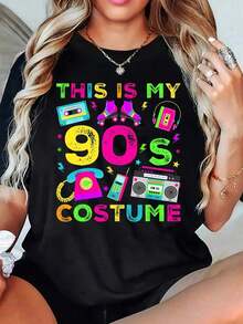 ropa de mujer  Camiseta de mujer con estampado de reproductor de casete vintage de los 90, teléfono y patines, de estilo simple y casual  para uso diario en verano  camisas de mujer - Negro - Ver 6