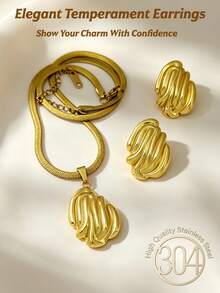 3pcs/Set Exquisite Gold Pendant Necklace And Earrings Set, Summer Fashion Minimalist Women's Jewelry Set, Geometric Asymmetrical Texture Design, Unique Texture Design, Minimalist Daily Wear Jewelry Gift Set - Non-Fading Stainless Steel Jewelry Set - Jewelry Set - View 3