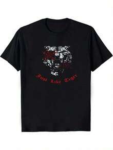 Men's Graphic T-Shirt "Just Like Tiger" - Bold Animal Print Style With Tiger Head And Rose Design, Soft Casual T-Shirt, Bold Print Tee For Tiger Lovers, Comfortable Fit For All Seasons (Available In Various Sizes) - Graphic Print T-Shirt For Everyday Wear And Western Theme, Men's Clothing, Men's Shirts, Graphic T-Shirts, Women's Clothing, Summer Tops, Summer Clothes, Graphic T-Shirts - 黑色 - 查看 1
