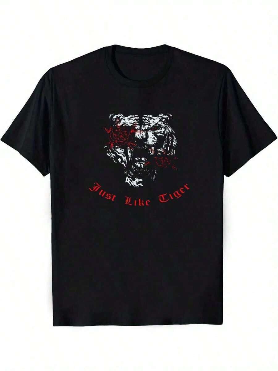 Men's Graphic T-Shirt "Just Like Tiger" - Bold Animal Print Style With Tiger Head And Rose Design, Soft Casual T-Shirt, Bold Print Tee For Tiger Lovers, Comfortable Fit For All Seasons (Available In Various Sizes) - Graphic Print T-Shirt For Everyday Wear And Western Theme, Men's Clothing, Men's Shirts, Graphic T-Shirts, Women's Clothing, Summer Tops, Summer Clothes, Graphic T-Shirts - 黑色 - 查看 1