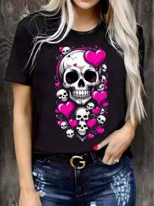 T-Shirt With Skull And Pink Heart Print, Casual T-Shirt, Everyday T-Shirt, Holiday T-Shirt, Sports T-Shirt, Women's Clothing, Simple And Elegant. - 黑色 - 查看 7