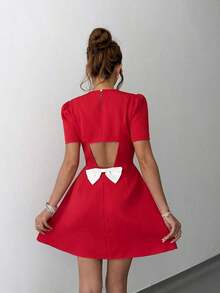 2026 Nuevo vestido blanco elegante y minimalista francés de primavera/verano con cintura estilizadora, decoración de perlas y lazo en la espalda, para el Día de San Valentín; Vestido rojo elegante con cintura ceñida, mangas cortas, lazo en la esp - Rojo - Ver 4