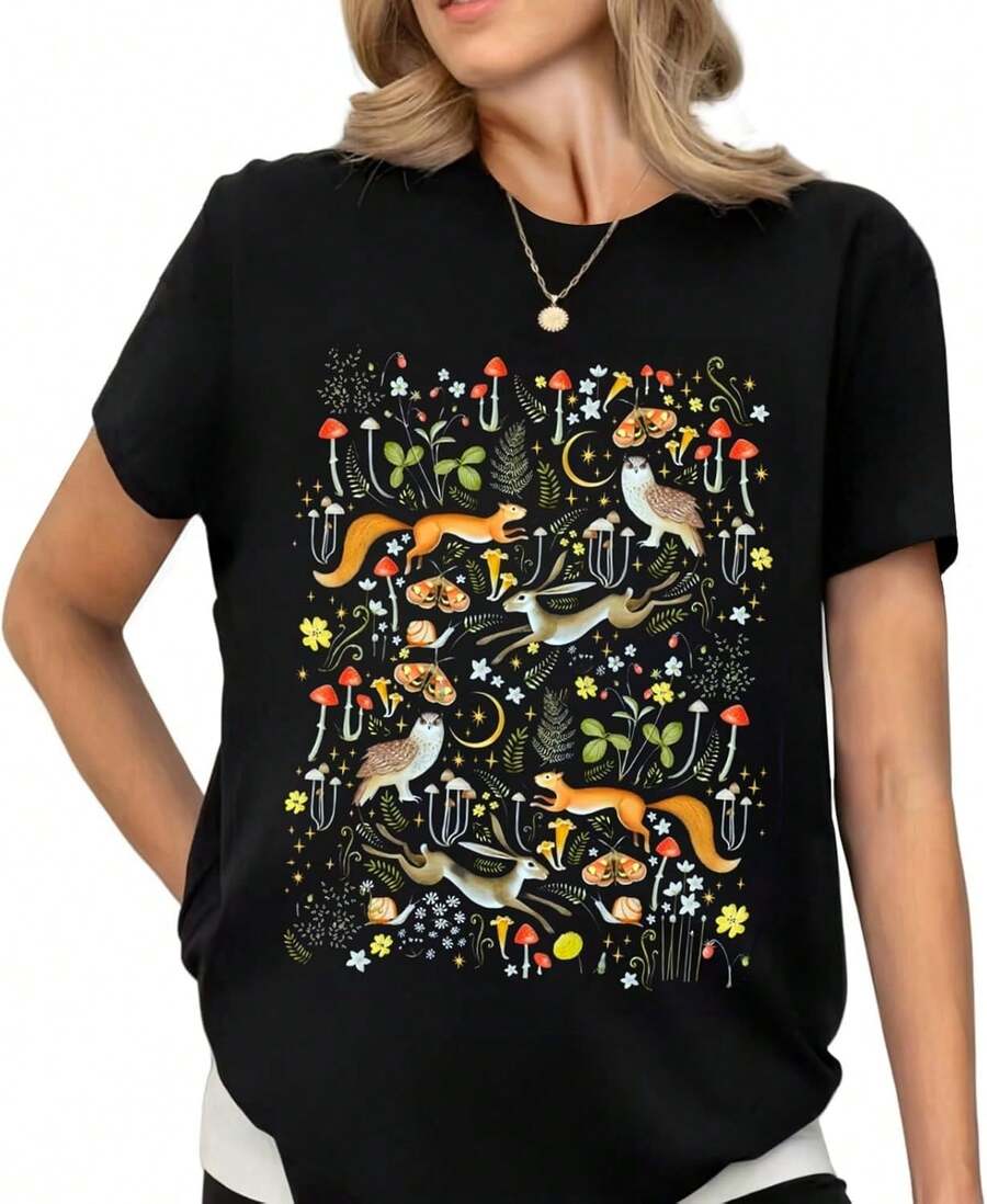 1 Piece Casual Fashion For Men And Women Vintage Boho Floral Flower Print T-Shirt Graphic Short Sleeve T-Shirt Versatile, Easy To Match, Suitable For Daily Wear, Street Style, Holiday Outfits, Weekend Outfits. - 黑七 - 查看 1