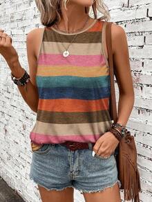 Camiseta de tirantes holgada de verano para mujer, estampado de patrón de correa de mezclilla, elegante y versátil, apta para uso casual, vacaciones y paseos, con un estilo minimalista y retro - Multicolor 3 - Ver 2