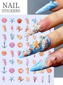 5D Ocean Nail Art Stickers Embossed Starfish Seashell Seahorse Coral Decals Self-Adhesive Beach Nail Sliders For Summer Manicure - Multicolor - View 3