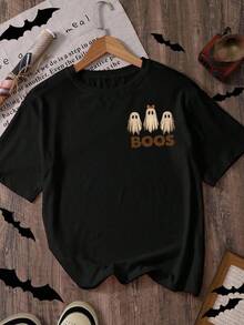 Camiseta de mujer con estampado de fantasma y calabaza de Halloween - Negro - Ver 2