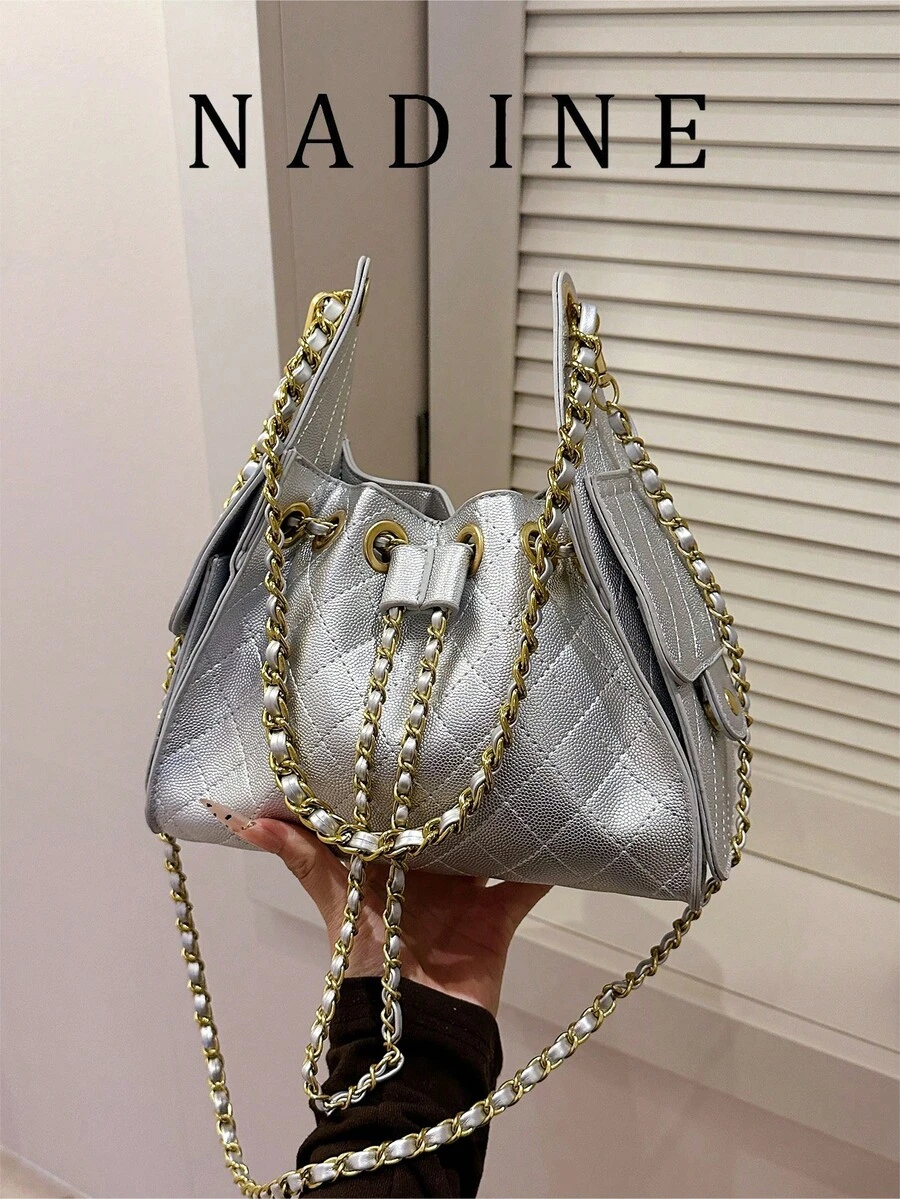 Bolso de cubo con cordón, bolso de hombro cruzado de gran capacidad con patrón de rombos para mujer, bolso de mano para ir al trabajo