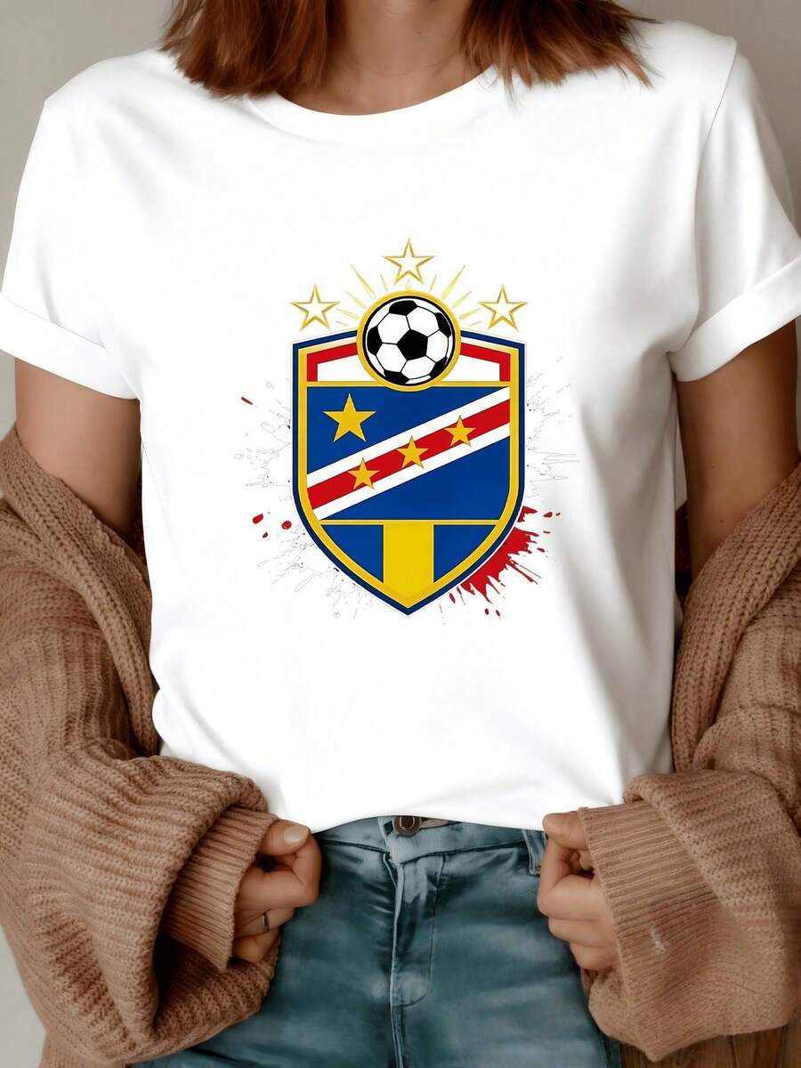 Shield With Soccer Ball And Gold Stars On A Blue And Red Background Symbolizing Sporting Passion, Strength And National Pride. Modern And Comfortable Women's T-Shirt - 白色 - 查看 1