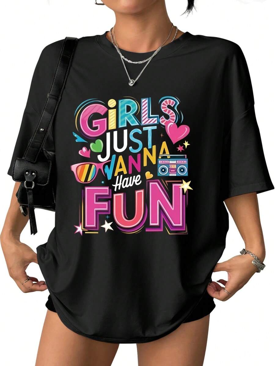 Men's And Women's Casual Cotton T-Shirts For Spring And Summer, With A Vintage Print. Girls Just Want To Have Fun! Soft And Comfortable Fabric, Casual And Versatile Style, Perfect For Summer Wear, Makes A Great Gift, Available In Our Local Warehouse. 06T0 - 黑色 - 查看 1