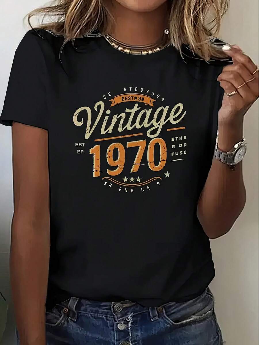 Women's T-Shirt Made Of Pure Cotton, Casual Loose Style, With Vintage 70s Print - "Perfectly Aged" Design, Soft And Breathable, Short Sleeve And Round Neck, Ideal For Spring And Summer, Machine Washable, Women's T-Shirt, Retro Fashion, Comfortable Fit. - 黑色 - 查看 1