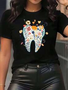 Nuevas llegadas para el verano. Camiseta de mujer con estampado floral de dientes, cuello redondo, informal, para uso diario, suave y cómoda, ideal para vacaciones. Blusa, camisa > Hermosa. - Negro - Ver 1