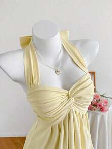Top de tirantes con estampado de lunares marrones y detalle de nudo en la espalda para mujer, adecuado para verano, vacaciones de primavera, ceremonia de graduación, fiesta de boda, vacaciones elegantes, playa casual, estilo Y2K lindo y sexy y - Amarillo claro - Ver 5