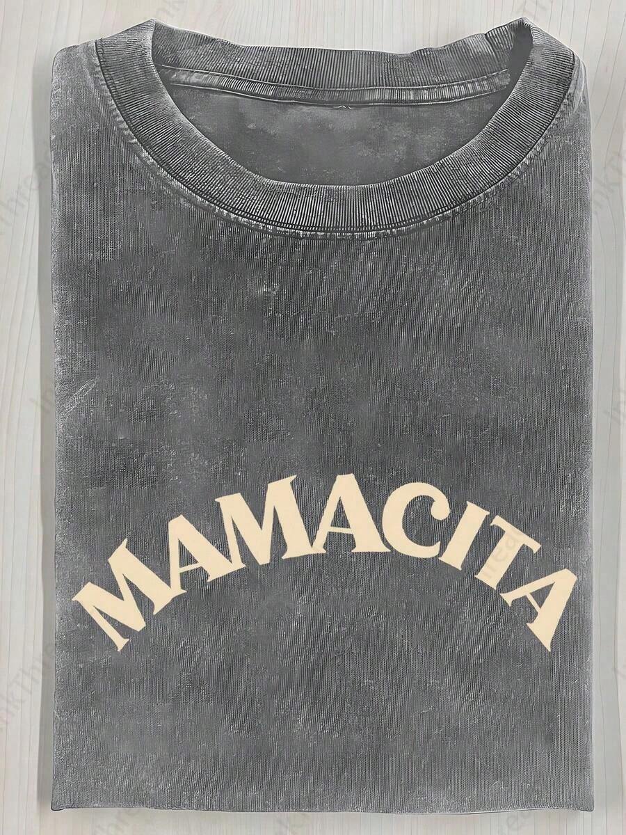 230g Heavyweight Washed Cotton T-Shirt, Dear Lady; Baby Print T-Shirt, High-Quality Batik Cotton Vintage Fashion Brand T-Shirt, Women's T-Shirt, Beach Essential, Summer T-Shirt, Holiday Gift, Perfect Present, 100% Cotton - 灰色 - 查看 1
