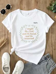 Limited Time Offer, Limited Quantity Available, Lightning, Women's Shirts, Women's T-Shirts. Women's Casual Short-Sleeve Crew Neck T-Shirt With Christian Bible Verse Print, Featuring An Inspirational Floral Wreath Design. - 白色 - 查看 4