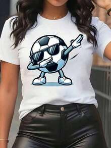 New Arrivals For Summer. Women's T-Shirt With Cartoon Football Print And "Dabbing" Style, Round Neck, Casual Everyday Wear, Soft And Comfortable, Perfect For Vacations. - 白色 - 查看 12